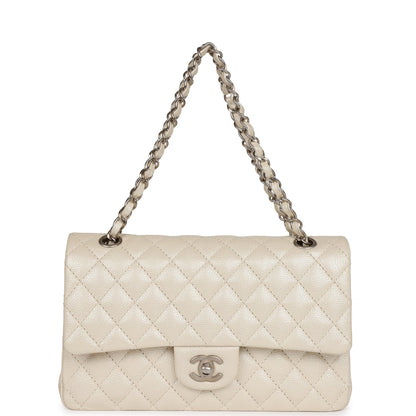 Chanel Medium Classic Double Flap Pearlescent Ivory Caviar Brushed Silver Hardware