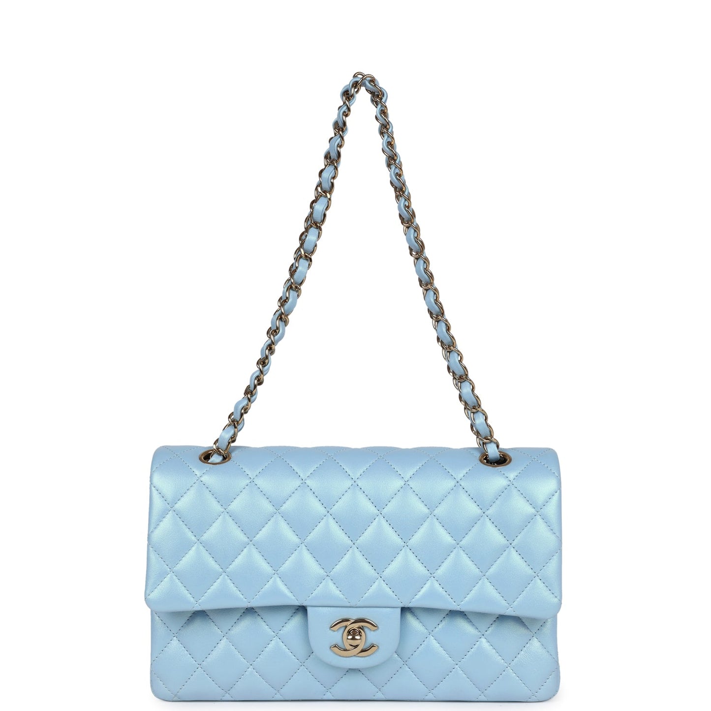 Chanel Medium Classic Double Flap Bag Blue Iridescent Calfskin Gold Hardware