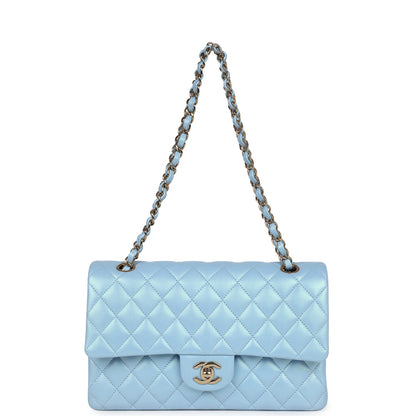 Chanel Medium Classic Double Flap Bag Blue Iridescent Calfskin Gold Hardware