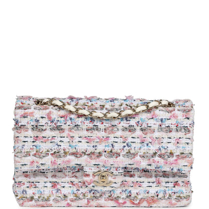 Chanel Medium Classic Double Flap White Multicolored Tweed Light Gold Hardware