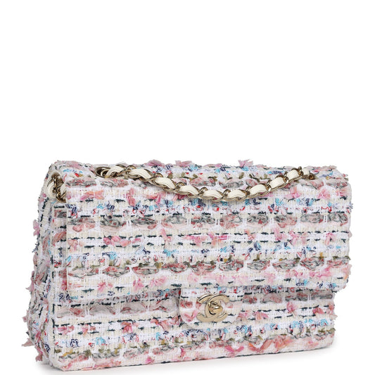 Chanel Medium Classic Double Flap White Multicolored Tweed Light Gold Hardware