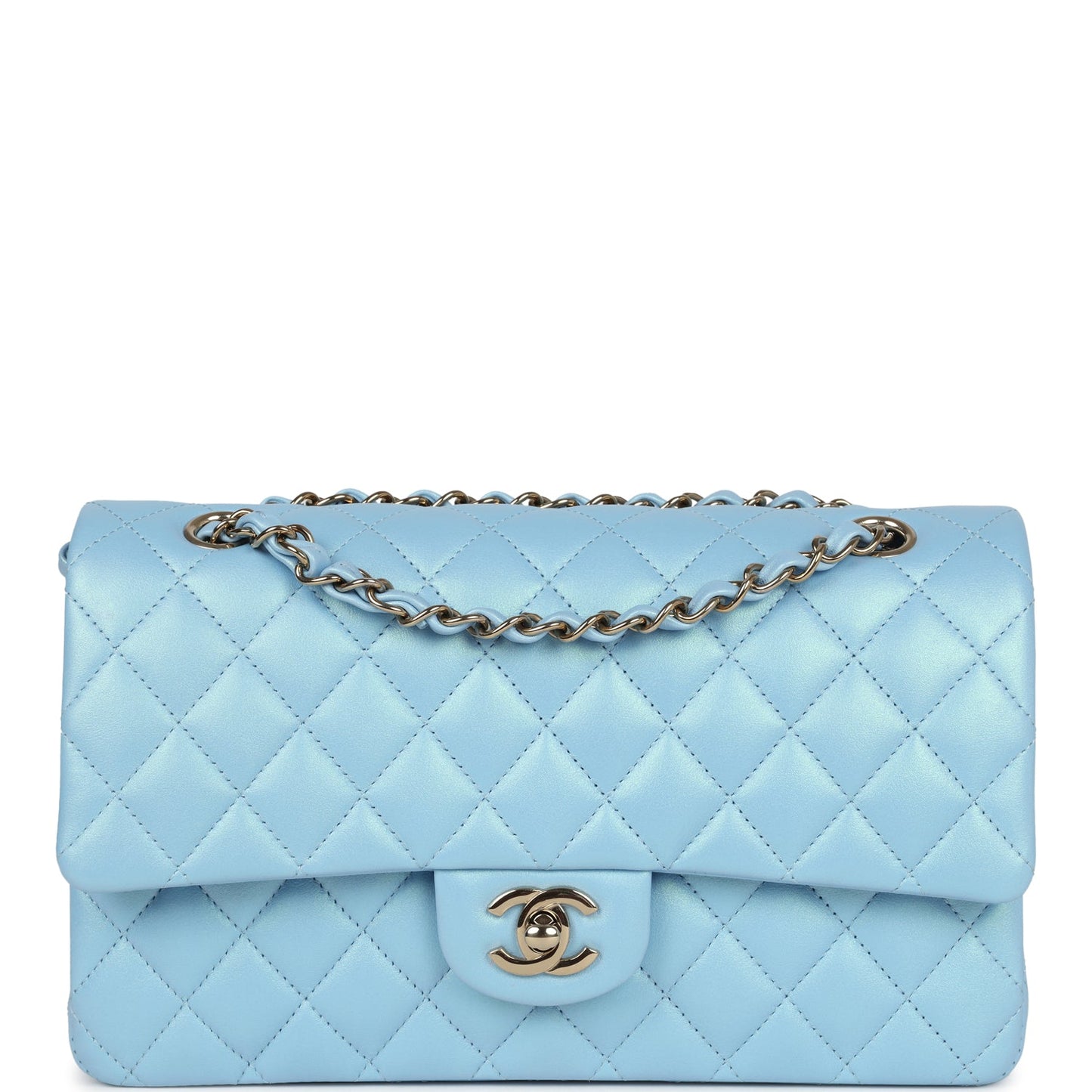Chanel Medium Classic Double Flap Bag Blue Iridescent Calfskin Gold Hardware