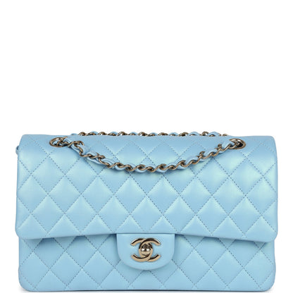 Chanel Medium Classic Double Flap Bag Blue Iridescent Calfskin Gold Hardware