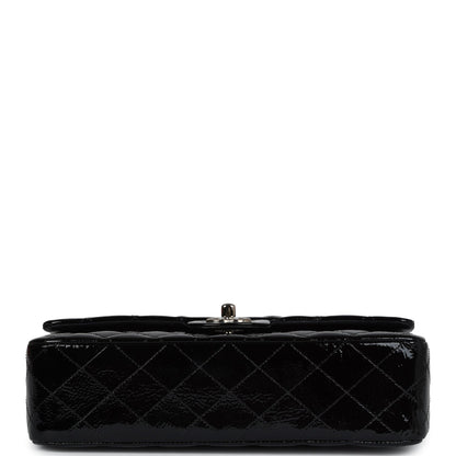 Chanel Medium Classic Double Flap Bag Black Crumpled Patent Leather Silver Hardware