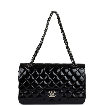 Chanel Medium Classic Double Flap Bag Black Crumpled Patent Leather Silver Hardware