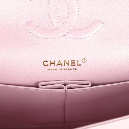 Chanel Medium Classic Double Flap Bag Pink Iridescent Lambskin Light Gold Hardware