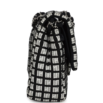 Chanel Medium Logo Ribbon Classic Double Flap Bag White and Black Canvas and Tweed Silver Hardware