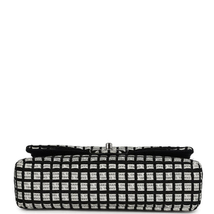 Chanel Medium Logo Ribbon Classic Double Flap Bag White and Black Canvas and Tweed Silver Hardware