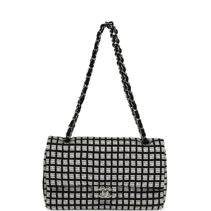 Chanel Medium Logo Ribbon Classic Double Flap Bag White and Black Canvas and Tweed Silver Hardware