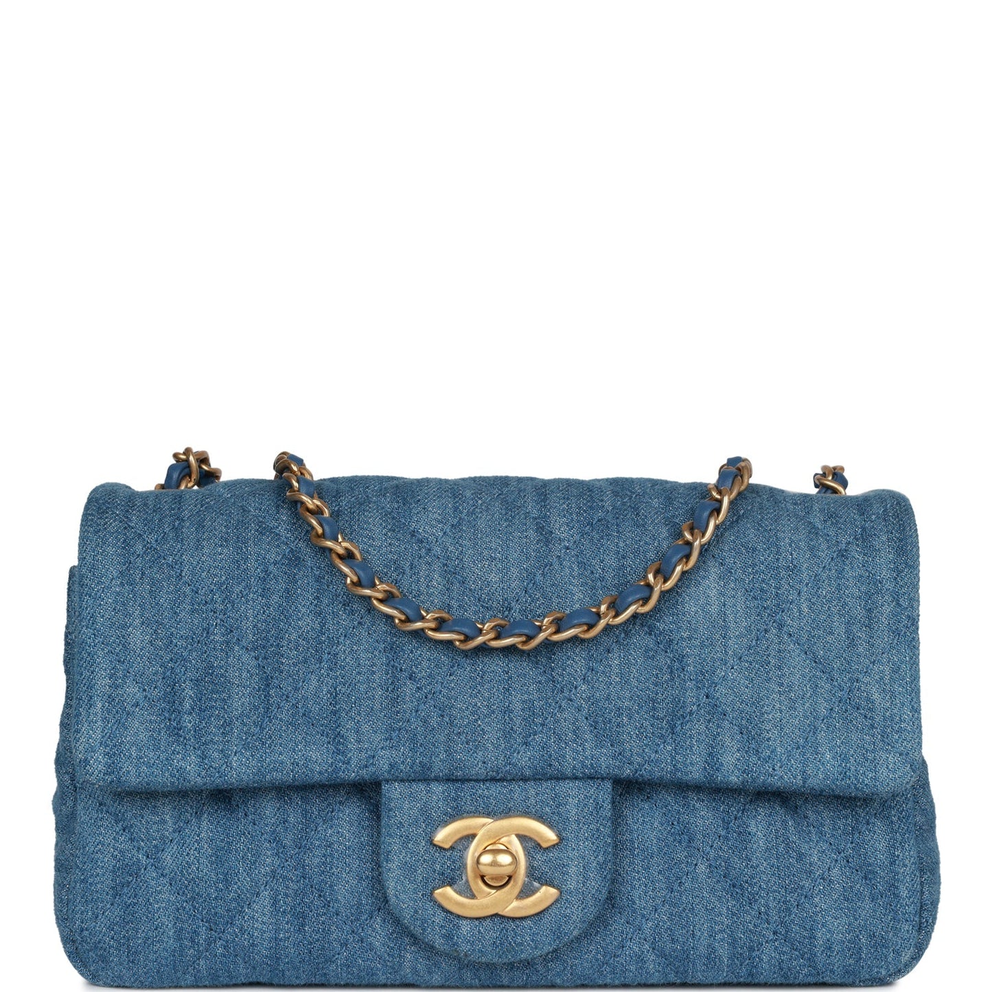 Chanel Pearl Crush Mini Rectangular Flap Bag Blue Denim Lambskin Antique Gold Hardware