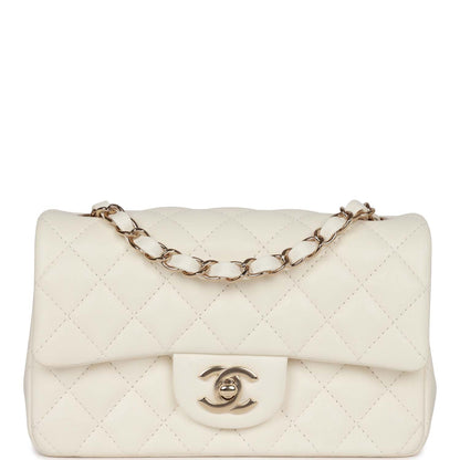 Chanel Mini Rectangular Flap Bag White Lambskin Light Gold Hardware