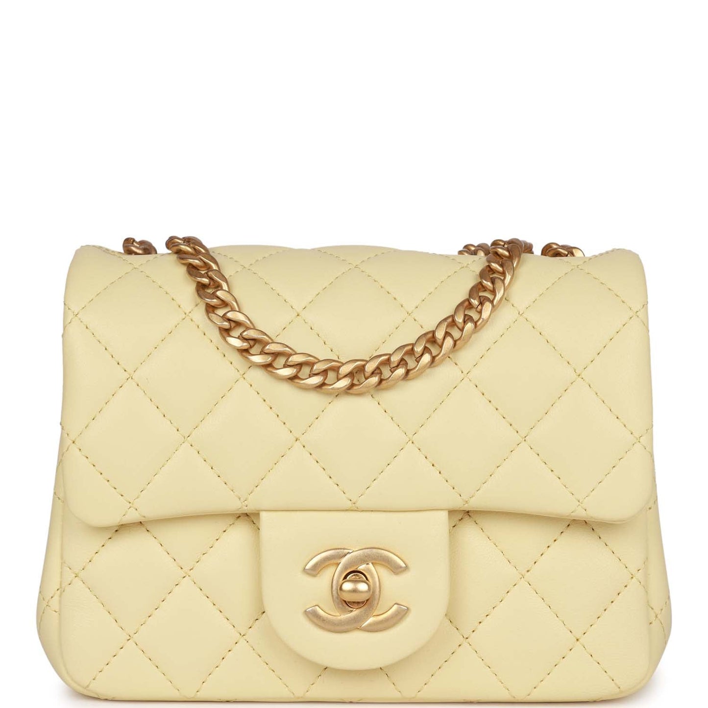 Chanel Camellia Crush Mini Square Flap Yellow Lambskin Antique Gold Hardware