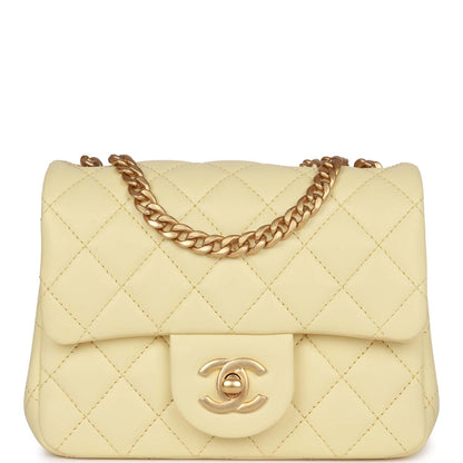 Chanel Camellia Crush Mini Square Flap Yellow Lambskin Antique Gold Hardware
