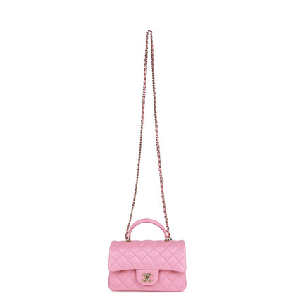 Chanel Mini Rectangular Flapbag with Top Handle Pink Lambskin Light Gold Hardware