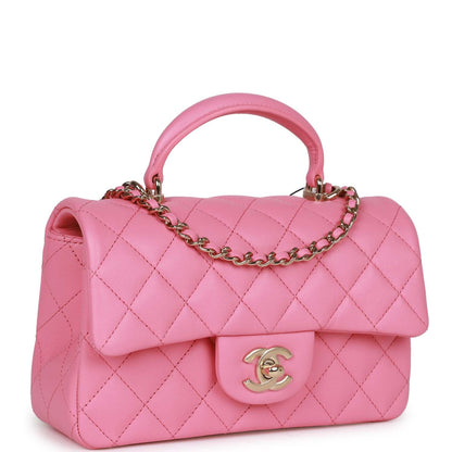 Chanel Rectangular Mini Flap Bag with Top Handle Pink Lambskin Light Gold Hardware