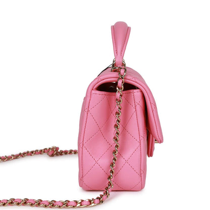 Chanel Rectangular Mini Flap Bag with Top Handle Pink Lambskin Light Gold Hardware