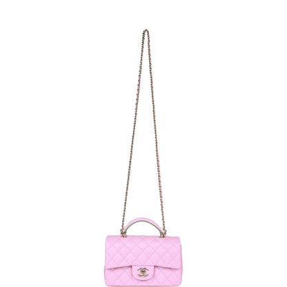 Chanel Mini Rectangular Flap with Top Handle Pink and Green Lambskin Light Gold Hardware
