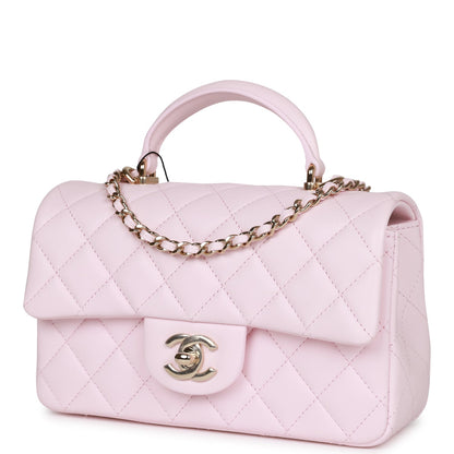 Chanel Mini Rectangular Flap Bag with Top Handle Light Pink Lambskin Light Gold Hardware