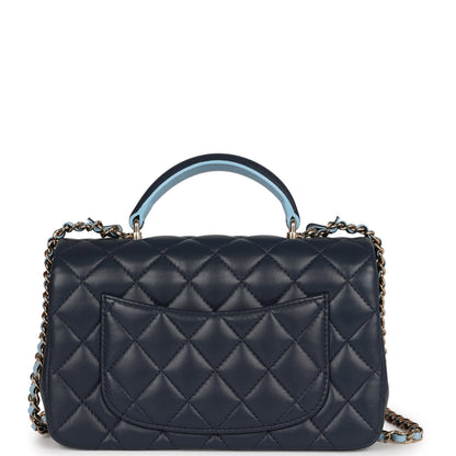Chanel Mini Rectangular Flap Bag with Top Handle Dark Blue Lambskin Light Gold Hardware