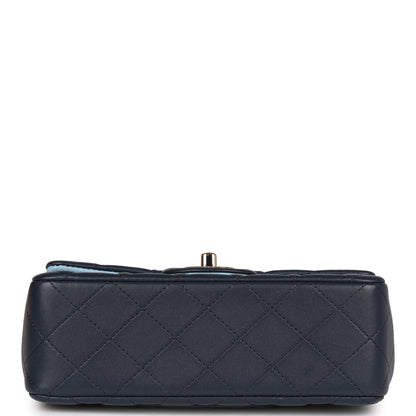 Chanel Mini Rectangular Flap Bag with Top Handle Dark Blue Lambskin Light Gold Hardware