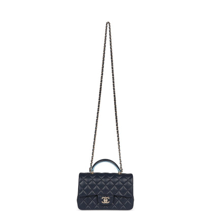 Chanel Mini Rectangular Flap Bag with Top Handle Dark Blue Lambskin Light Gold Hardware