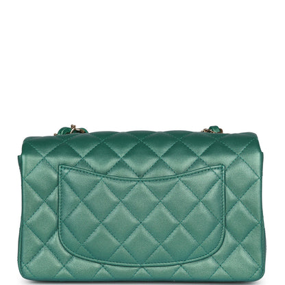 Chanel Mini Classic Rectangular Flap Iridescent Green Lambskin Light Gold Hardware