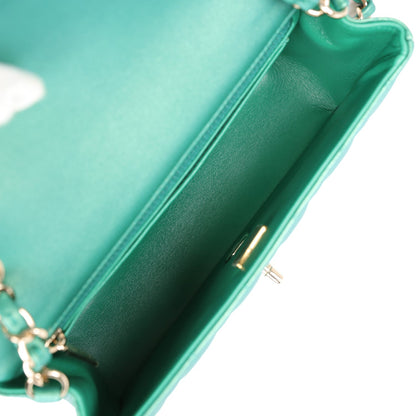 Chanel Mini Classic Rectangular Flap Iridescent Green Lambskin Light Gold Hardware