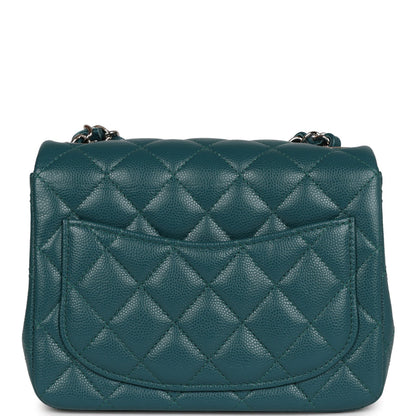 Chanel Mini Square Flap Bag Dark Green Caviar Silver Hardware