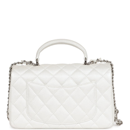 Chanel Mini Rectangular Top Handle Flap Bag White Iridescent Caviar Silver Hardware