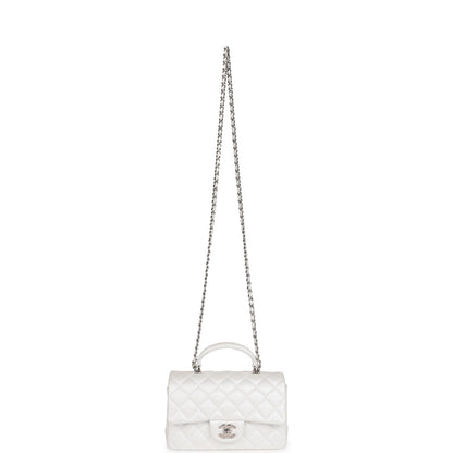 Chanel Mini Rectangular Top Handle Flap Bag White Iridescent Caviar Silver Hardware