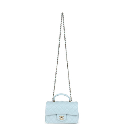 Chanel Mini Rectangular Flap with Top Handle Light Blue Lambskin Light Gold Hardware