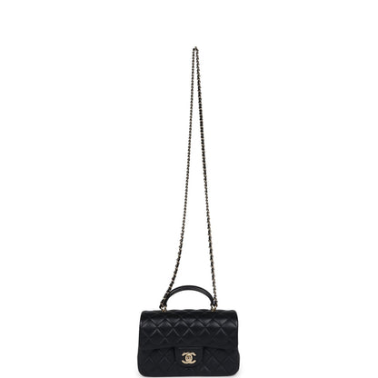 Chanel Mini Rectangular Flap with Top Handle Black Lambskin Light Gold Hardware