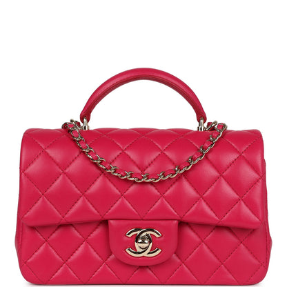 Chanel Mini Top Handle Rectangular Flap Bag Fuchsia Lambskin Light Gold Hardware