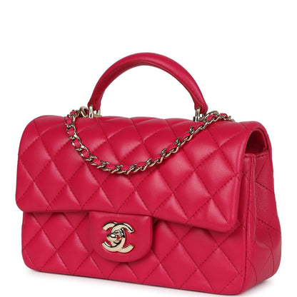 Chanel Mini Top Handle Rectangular Flap Bag Fuchsia Lambskin Light Gold Hardware