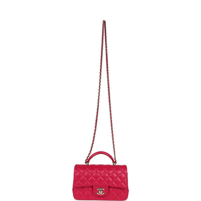 Chanel Mini Top Handle Rectangular Flap Bag Fuchsia Lambskin Light Gold Hardware