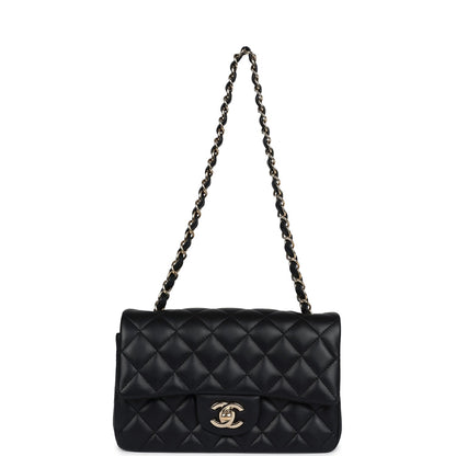 Chanel Mini Classic Rectangular Flap Bag Black Lambskin Light Gold Hardware