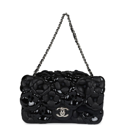 Chanel Mini Rectangular Camellia Flap Bag Black Lambskin and Patent Silver Hardware