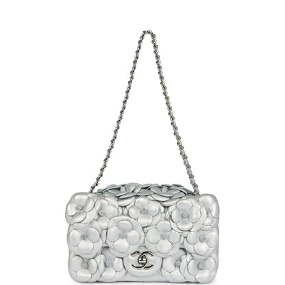 Chanel Mini Rectangular Camellia Flap Bag Silver Lambskin Silver Hardware