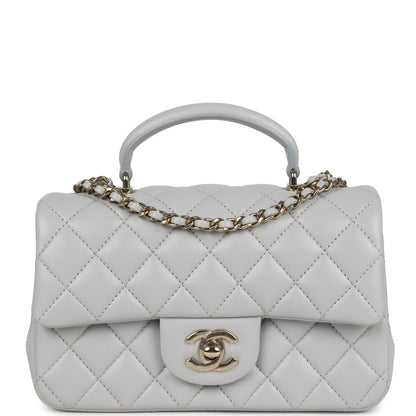 Chanel Mini Rectangular Flap Bag with Top Handle Light Grey Lambskin Light Gold Hardware