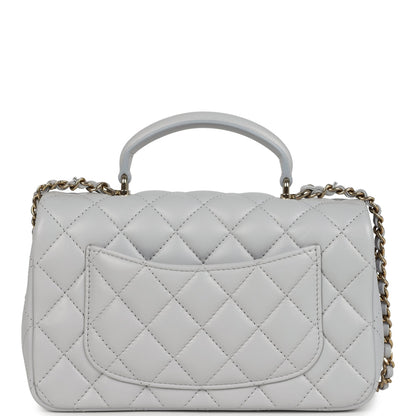 Chanel Mini Rectangular Flap Bag with Top Handle Light Grey Lambskin Light Gold Hardware