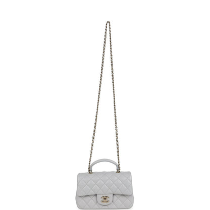 Chanel Mini Rectangular Flap Bag with Top Handle Light Grey Lambskin Light Gold Hardware