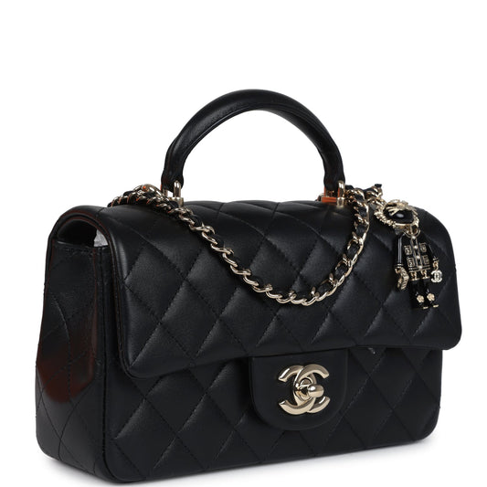 Chanel Mini Rectangular Top Handle Flap Bag Black Lambskin Light Gold Hardware