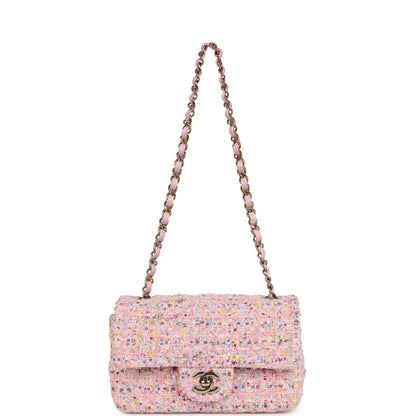 Chanel Mini Classic Rectangular Flap Bag Pink Tweed and Sequin Light Gold Hardware
