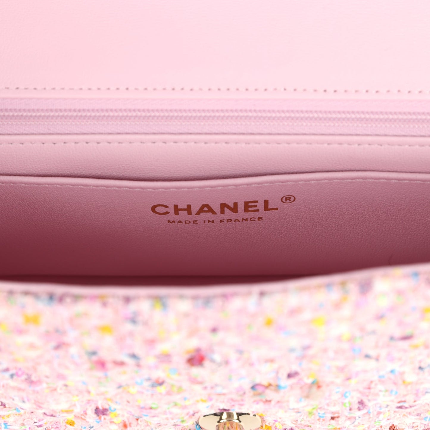 Chanel Mini Classic Rectangular Flap Bag Pink Tweed and Sequin Light Gold Hardware