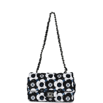 Chanel Mini Rectangular Flower Flap Bag Black, Navy and White Sequin Ruthenium Hardware