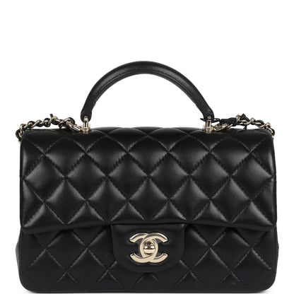 Chanel Mini Rectangular Top Handle Flap Bag Black Lambskin Light Gold Hardware