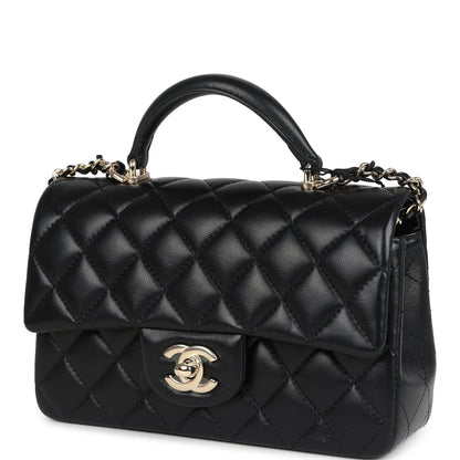 Chanel Mini Rectangular Top Handle Flap Bag Black Lambskin Light Gold Hardware