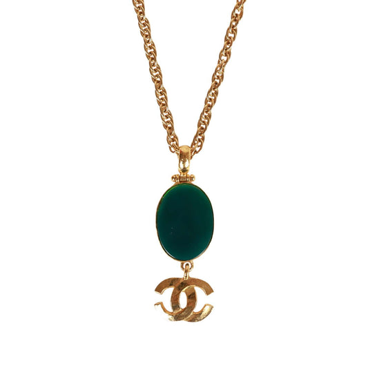 Chanel Vintage Gold Plated Hanging Green Gripoix and CC Pendant Necklace