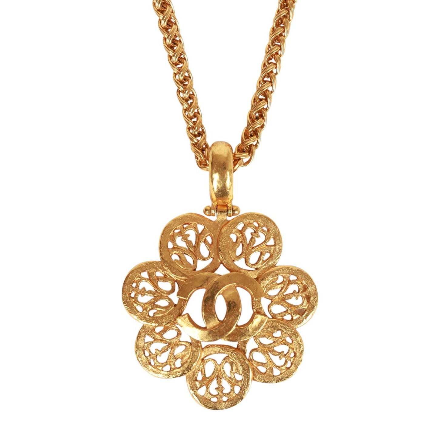 Chanel Vintage 24K Gold Plated Large Byzantine Flower CC Pendant Necklace