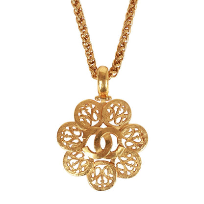 Chanel Vintage 24K Gold Plated Large Byzantine Flower CC Pendant Necklace